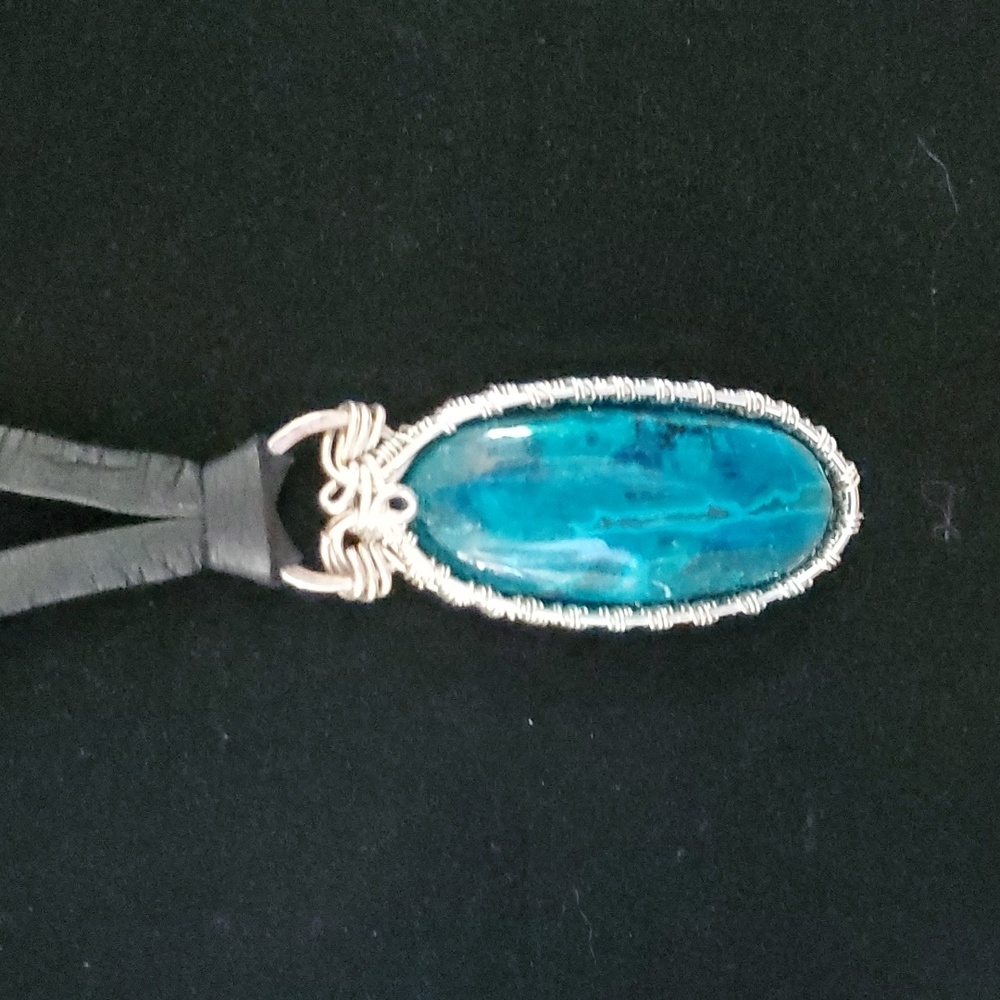 Sterling Silver Wire Wrapped Chrysocolla Pendant on Leather Necklace